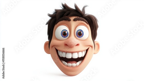 A 3D cartoon character with a big smile, eyes wide open in excitement, against a white background