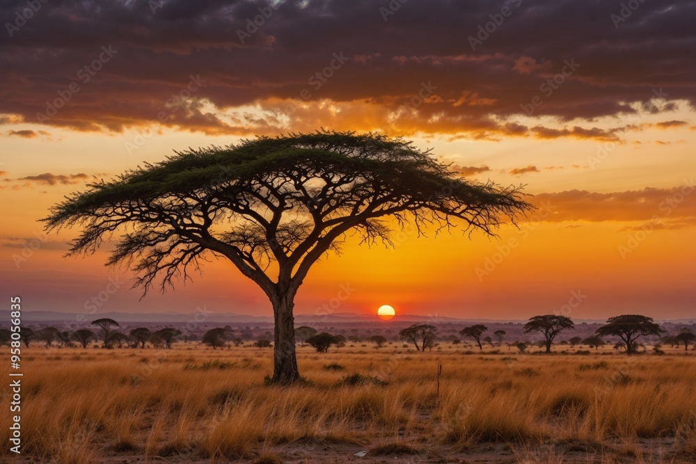 Lone tree on a savannah during sunset, with warm, golden tones. Ideal for nature, travel, and inspirational designs. Lone tree on a savannah during sunset, with warm, golden tones. Ideal for nature, travel, and inspirational designs.