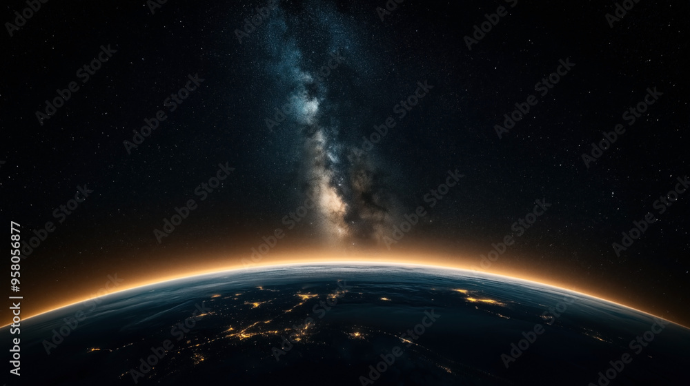 Fototapeta premium A stunning image of Earth's curvature from space at night, with city lights visible. Above, a clear view of the Milky Way galaxy illuminates the dark sky.
