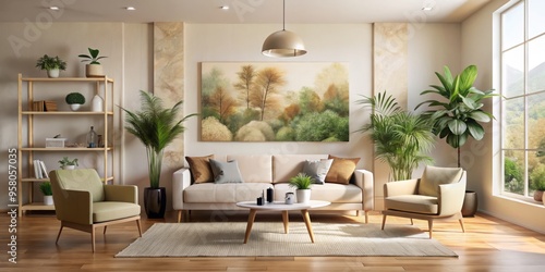 Wallpaper Mural Creamy walls provide a subtle backdrop for vibrant abstract art, accompanied by stylish seating and potted plants for Torontodigital.ca