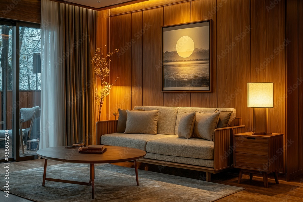 Modern living room with wooden accents and a cozy couch Modern living room with wooden accents and a cozy couch