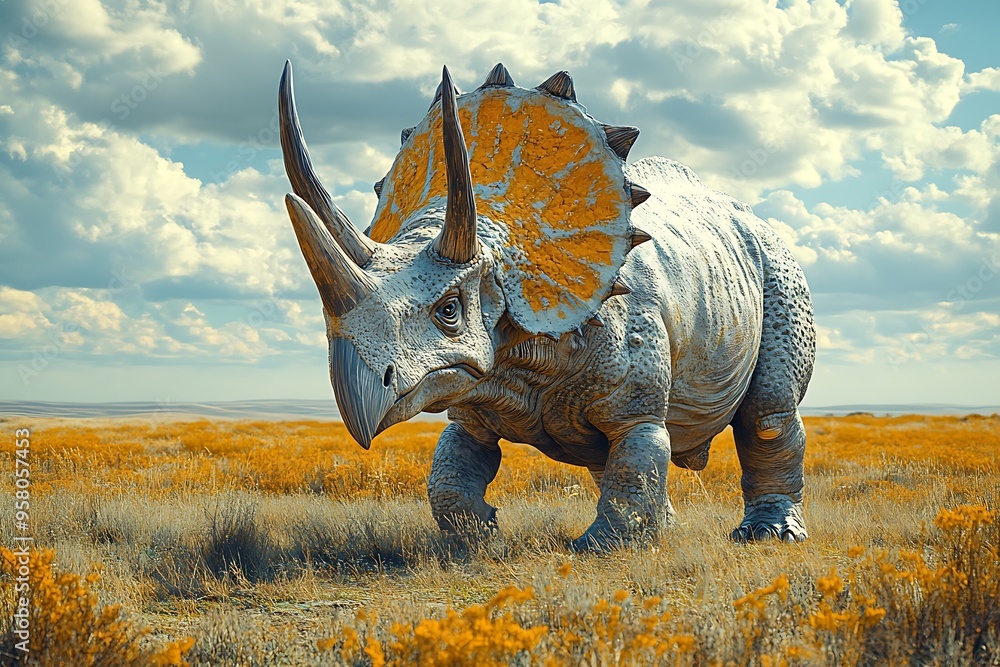 Fototapeta premium A lone Triceratops grazes in a vast, ancient plain bathed in natural light.
