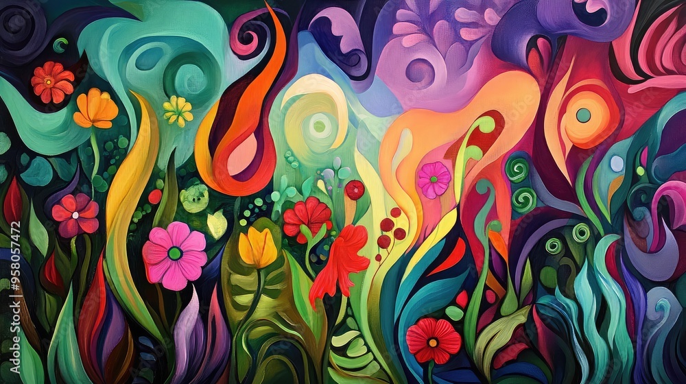 Abstract depiction of a lush garden with vibrant colors and flowing shapes, representing the abundance of nature Abstract depiction of a lush garden with vibrant colors and flowing shapes, representing the abundance of nature