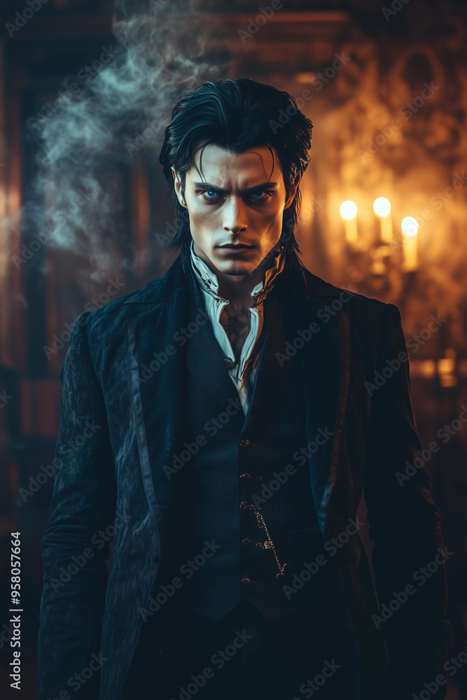 handsome brutal possessive male vampire with black hair and blue eyes, vampire fangs is visible, wearing old fashioned suit. He has a muscular body against a dark old manor with smoke and candles back handsome brutal possessive male vampire with black hair and blue eyes, vampire fangs is visible, wearing old fashioned suit. He has a muscular body against a dark old manor with smoke and candles back