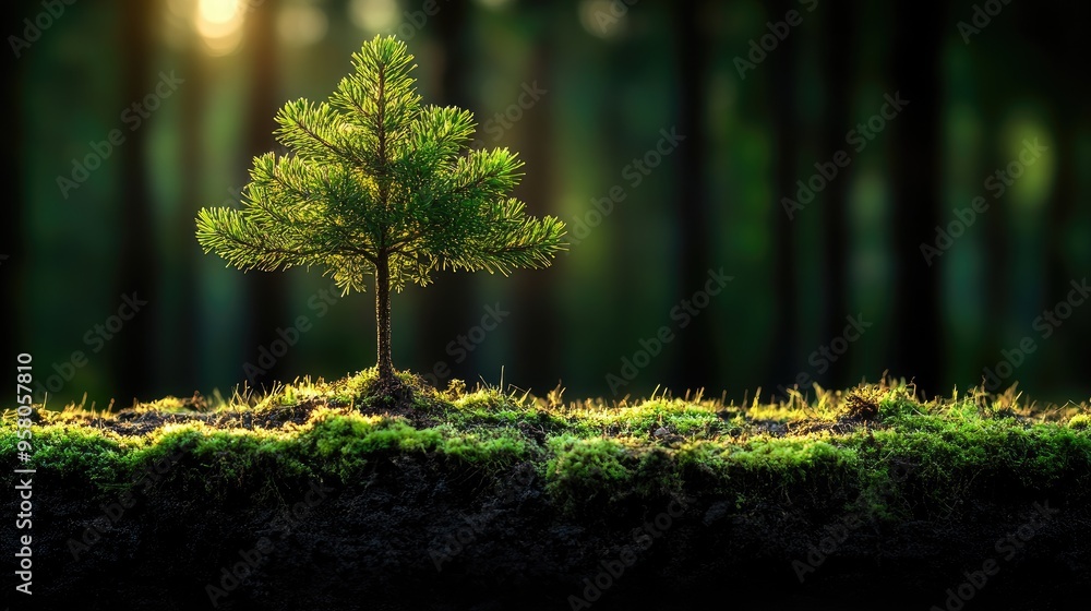 Naklejka premium A small pine tree grows in the forest. This image is ideal for environmental projects about nature and sustainability.