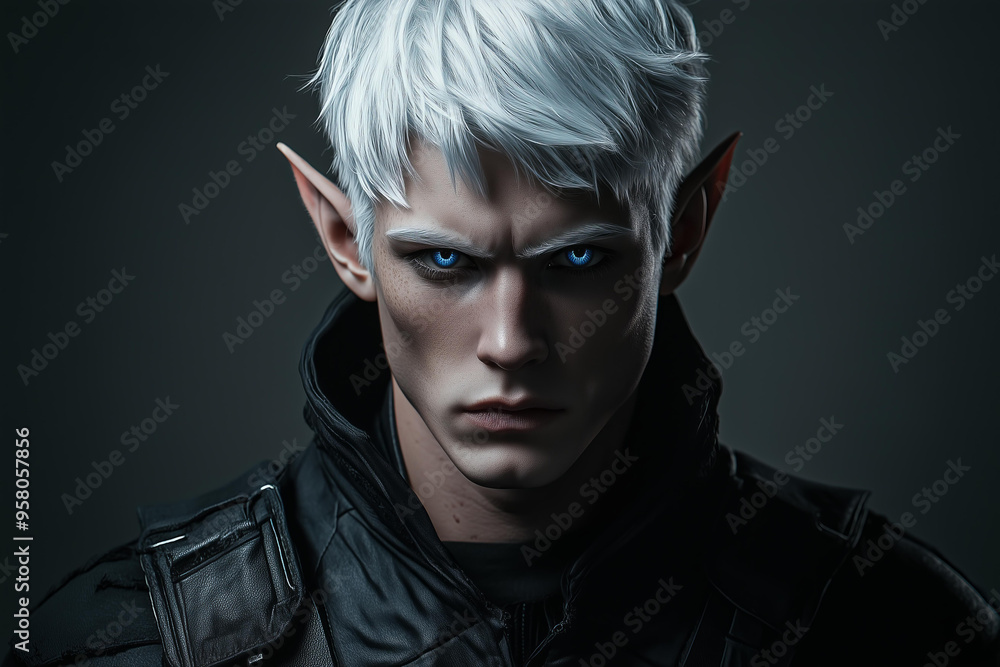 brutal possessive man with white hair and blue eyes, elf ears, wearing fantasy black outfit. He has a muscular body against a dark grey background . It is a charming character brutal possessive man with white hair and blue eyes, elf ears, wearing fantasy black outfit. He has a muscular body against a dark grey background . It is a charming character