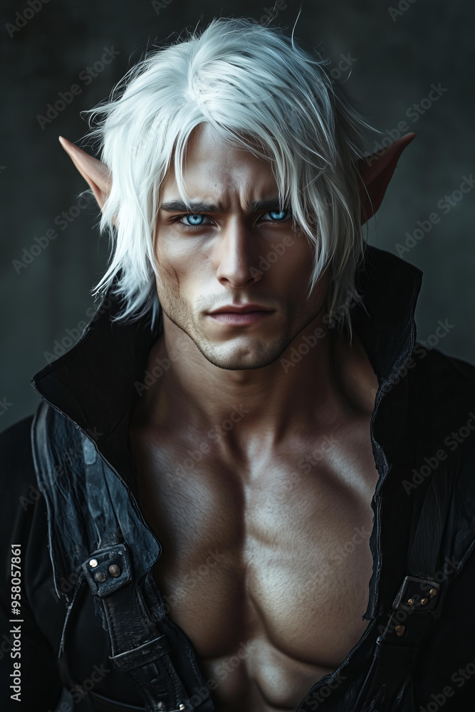 brutal possessive man with white hair and blue eyes, elf ears, wearing fantasy black outfit. He has a muscular body against a dark grey background . It is a charming character brutal possessive man with white hair and blue eyes, elf ears, wearing fantasy black outfit. He has a muscular body against a dark grey background . It is a charming character