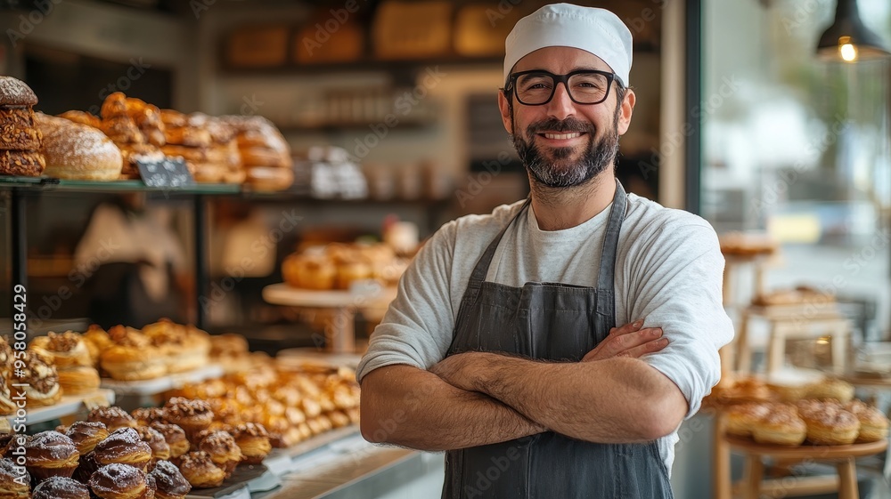 Smiling baker in a cozy bakery, showcasing delicious pastries and bread, embodying warmth and dedication to the craft. Smiling baker in a cozy bakery, showcasing delicious pastries and bread, embodying warmth and dedication to the craft.