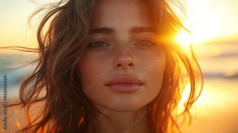 A woman with brown hair and a sunburned face is standing on a beach. She is wearing a bikini and has a smile on her face A woman with brown hair and a sunburned face is standing on a beach. She is wearing a bikini and has a smile on her face