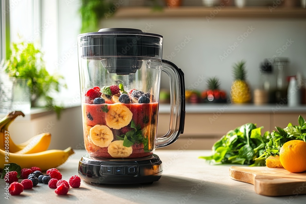 A blender full of fruit and vegetables on a counter A blender full of fruit and vegetables on a counter