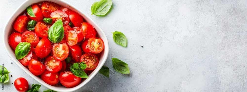 A white bowl holds sliced tomatoes, topped with basil leaves, atop a pristine surface Green leaves rest above the bowl A white bowl holds sliced tomatoes, topped with basil leaves, atop a pristine surface Green leaves rest above the bowl