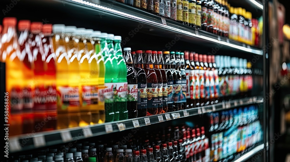 A variety of beverages in bottles displayed on shelves in a refrigerated case. A variety of beverages in bottles displayed on shelves in a refrigerated case.