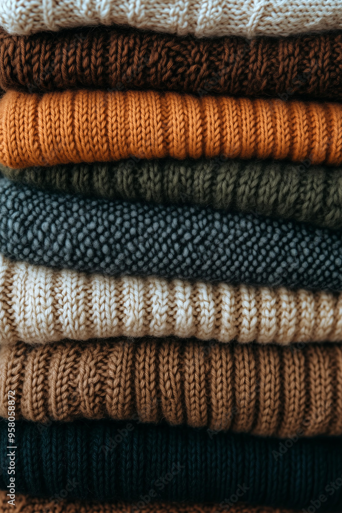 stack of knitted sweaters in various shades, arranged neatly and stacked on top of each other. The colors include warm browns, soft oranges, deep greens, and light blues, creating an inviting texture stack of knitted sweaters in various shades, arranged neatly and stacked on top of each other. The colors include warm browns, soft oranges, deep greens, and light blues, creating an inviting texture