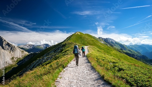 Tourists hiking along the mountain path, hills and a blue sky