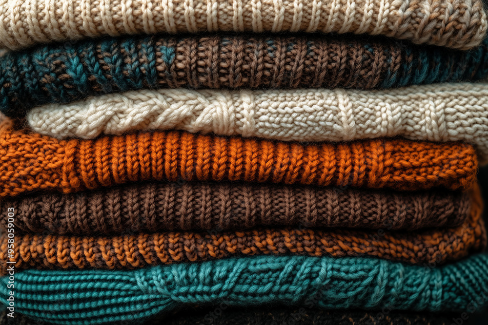 stack of knitted sweaters in various shades, arranged neatly and stacked on top of each other. The colors include warm browns, soft oranges, deep greens, and light blues, creating an inviting texture stack of knitted sweaters in various shades, arranged neatly and stacked on top of each other. The colors include warm browns, soft oranges, deep greens, and light blues, creating an inviting texture