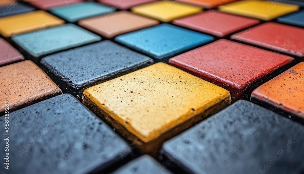 Closeup of colorful textured tiles. An abstract pattern of square tiles in various colors can be used to represent design, creativity, or construction. Closeup of colorful textured tiles. An abstract pattern of square tiles in various colors can be used to represent design, creativity, or construction.