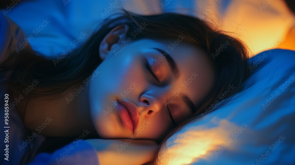 A young woman peacefully sleeping on a soft pillow while gentle warm light illuminates the serene bedroom at night