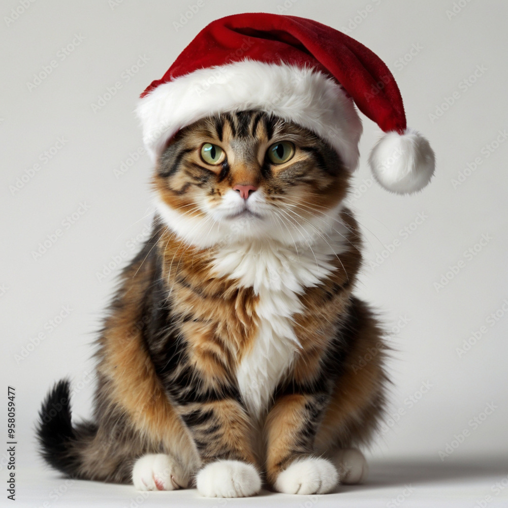 サンタクロースの帽子をかぶった三毛猫