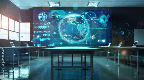 Futuristic classroom table with a planet hologram, AI generative. photo