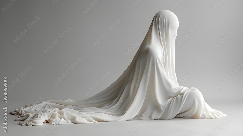 A minimalist image with a white background featuring a single ghost decoration, positioned in the center A minimalist image with a white background featuring a single ghost decoration, positioned in the center