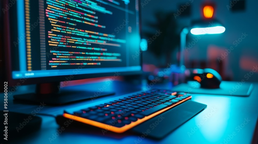 Efficient coding, augmented reality tools, sleek workspace, glowing blue interface Efficient coding, augmented reality tools, sleek workspace, glowing blue interface