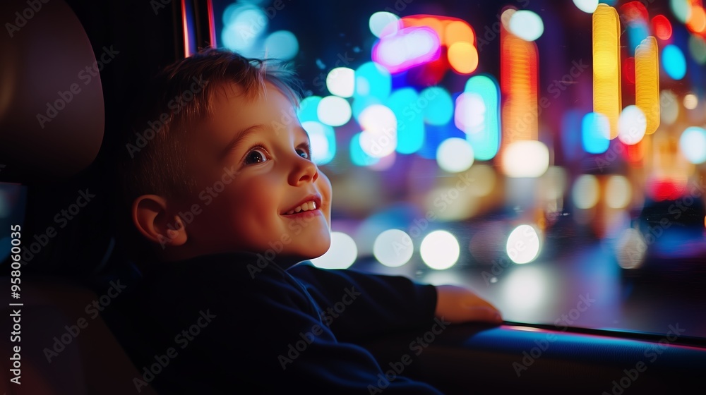 Delighted child gazing at colorful city lights while leaning out of a car window on a vibrant evening Delighted child gazing at colorful city lights while leaning out of a car window on a vibrant evening