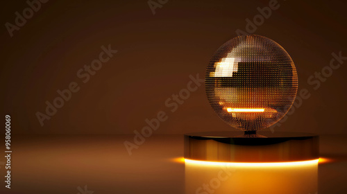 Technological pixel globe on glowing display stand with faint light. AI generative. photo