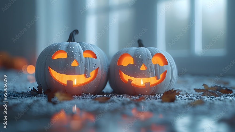 41. A minimalist image with a white background featuring a pair of glowing jack-o'-lanterns in the center 41. A minimalist image with a white background featuring a pair of glowing jack-o'-lanterns in the center