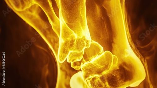 A close-up, abstract view of a human ankle joint, glowing in a warm, golden light.