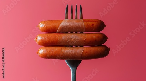 Three perfectly cooked hot dog sausages are artistically wrapped in parchment and stacked on a fork, presented against a bold red backdrop. The composition highlights their delicious appeal photo