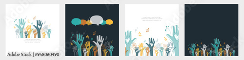 Set of cards with raised hands. Volunteering, teamwork concert.