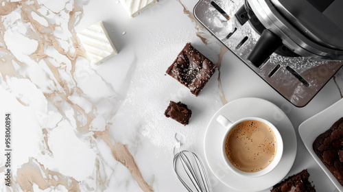 Cup of coffee with chocolate and caramel on white countertop, AI generative. photo