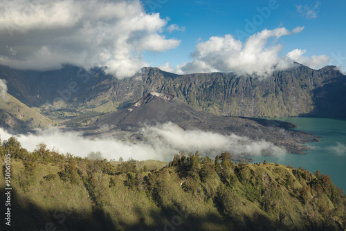 Scenic volcanic landscape of Mount Rinjani trek route on a tropical Lombok island photo