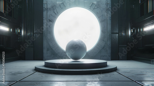 Centered pedestal with white ball, dark sci-fi style. AI generative. photo