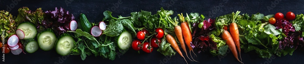 A row of vegetables including carrots, tomatoes, and cucumbers A row of vegetables including carrots, tomatoes, and cucumbers