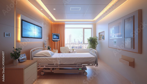 Modern single hospital room with big window showing city skyline