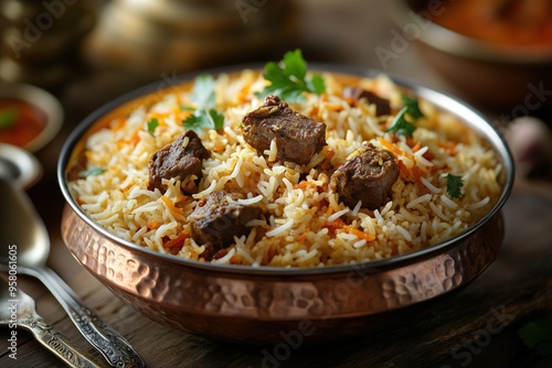  Indian Local Food Mutton Biryani: Fragrant Basmati Rice with Spiced Marinated Mutton and Aromatic Herbs