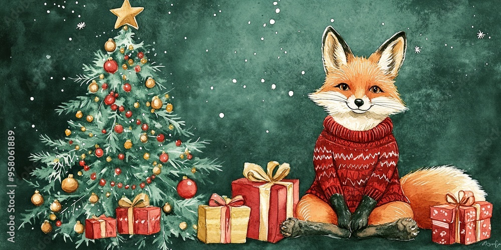 A fox is sitting in front of a Christmas tree and presents A fox is sitting in front of a Christmas tree and presents