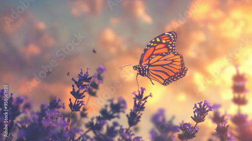 Monarch butterfly perched on lavender flowers with sunset sky background, AI Generative photo