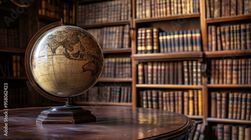 A vintage globe on a table in front of a wall of bookshelves filled with leather-bound books.