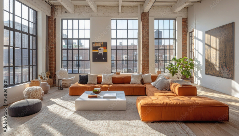 Sun shining through windows on modern living room with orange sofa Sun shining through windows on modern living room with orange sofa