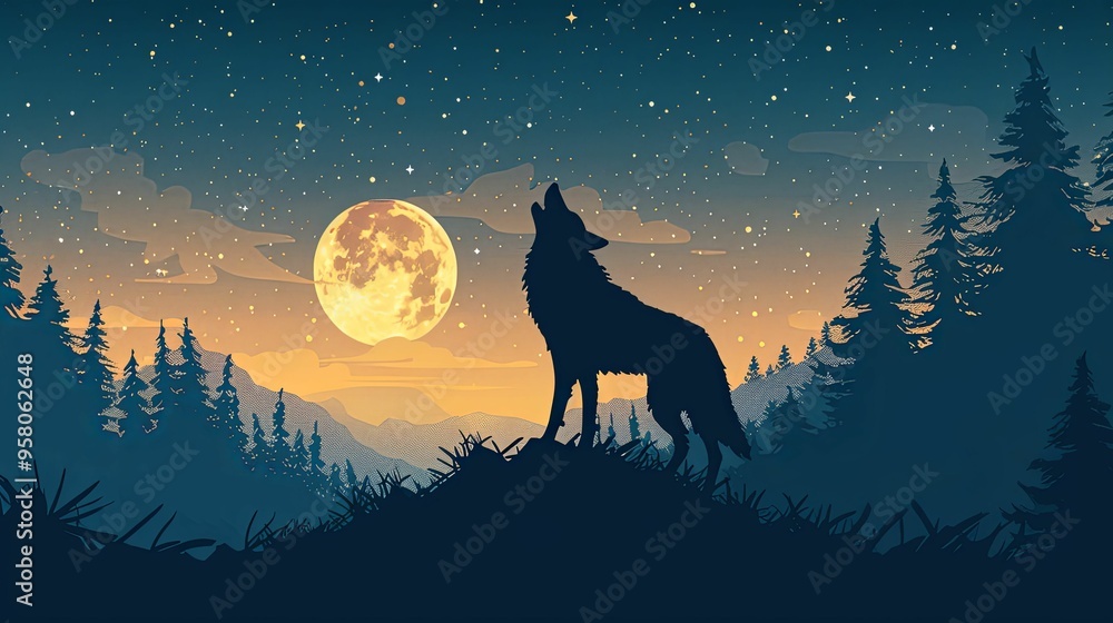 A Lone Wolf Howling at the Moon in a Starry Night Sky A Lone Wolf Howling at the Moon in a Starry Night Sky