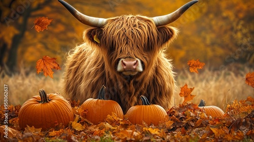 A large brown bull is laying in a field of autumn leaves and pumpkins photo