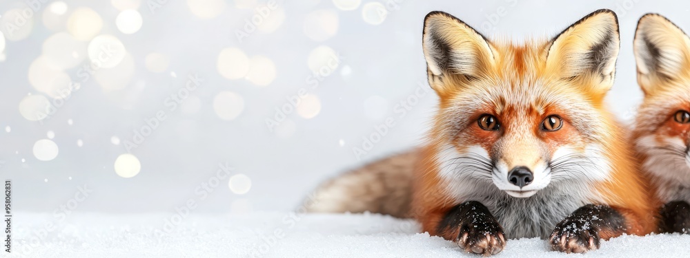 Obraz premium Two foxes seated side by side on a snow-covered ground against a white backdrop