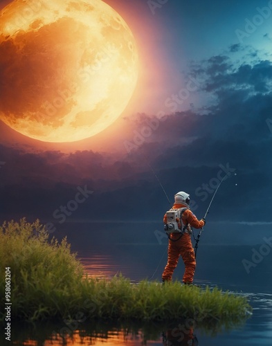 Wallpaper Mural A space suit-wearing astronaut goes fishing in a pond. Nature's tranquilly and peace, a peaceful time of rest. Concept of fishing, nature, and astronauts Torontodigital.ca
