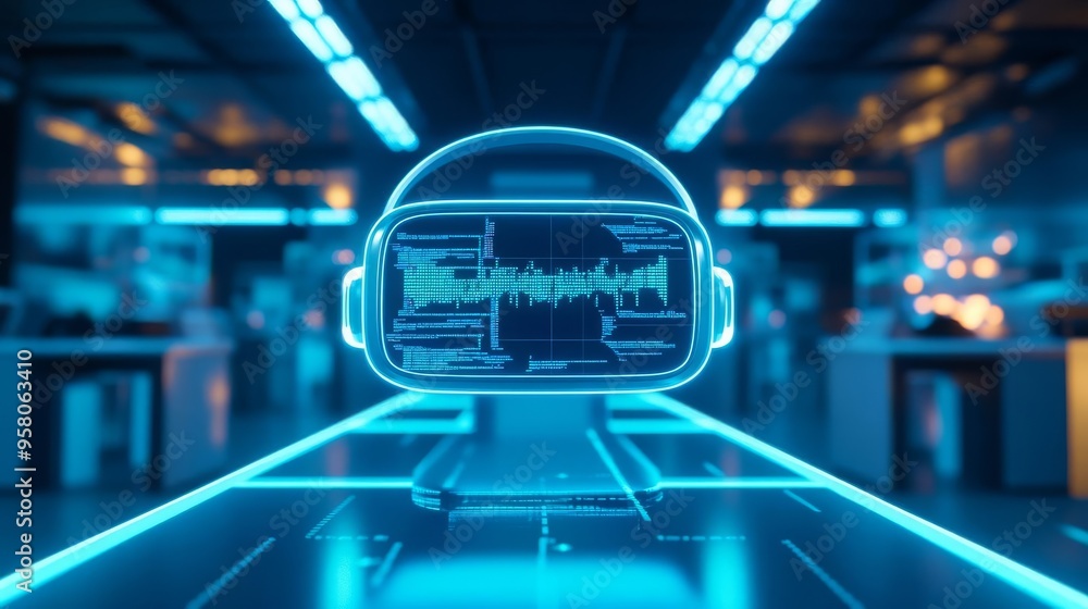 Virtual reality coding, optimization process, futuristic lab, glowing blue Virtual reality coding, optimization process, futuristic lab, glowing blue
