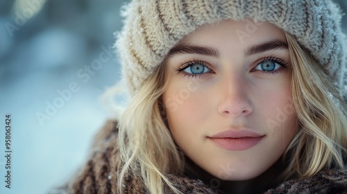 A woman with blue eyes and blonde hair is wearing a white hat and a brown scarf. She has a warm and inviting expression on her face