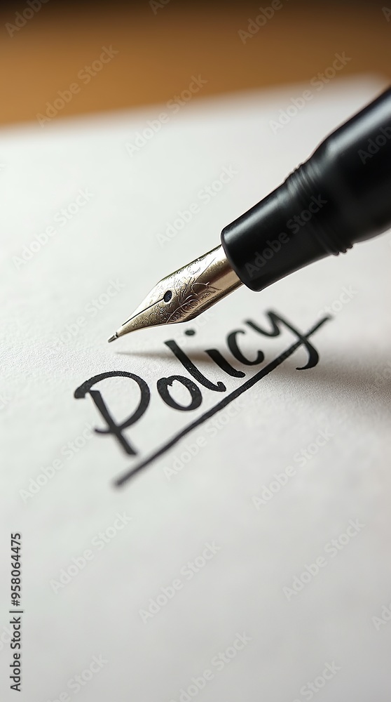 Fototapeta premium Fountain pen writing the word policy on white paper