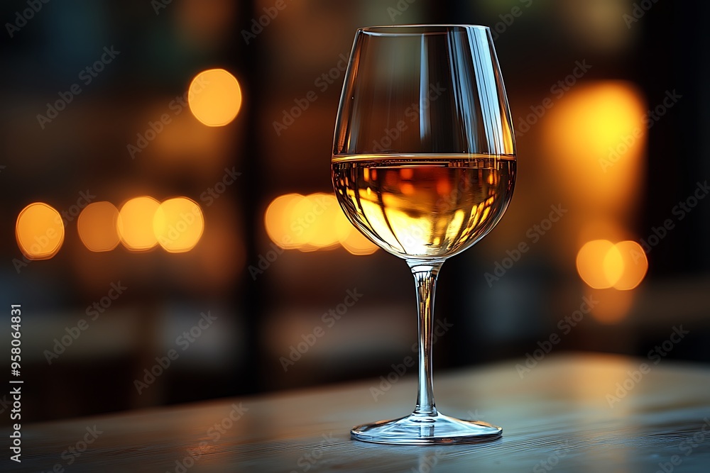 Obraz premium A solitary glass of white wine glows on a minimalist table in soft ambient light.