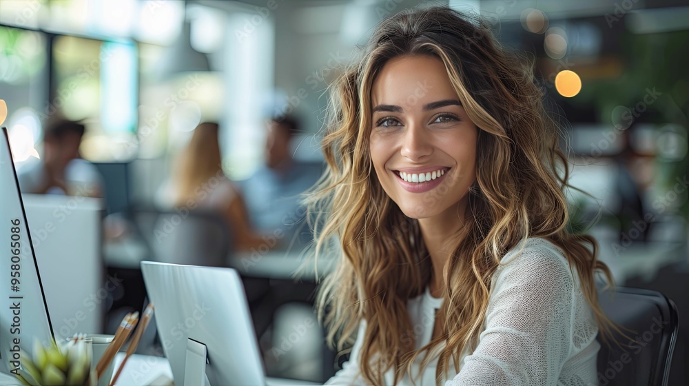 Smiling Woman Working on a Laptop in an Office Smiling Woman Working on a Laptop in an Office